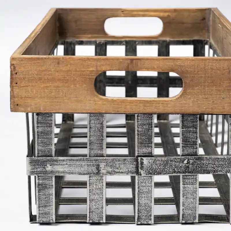 Chartrand Wood And Metal Open Crate Style Baskets, Set of 2 - Small