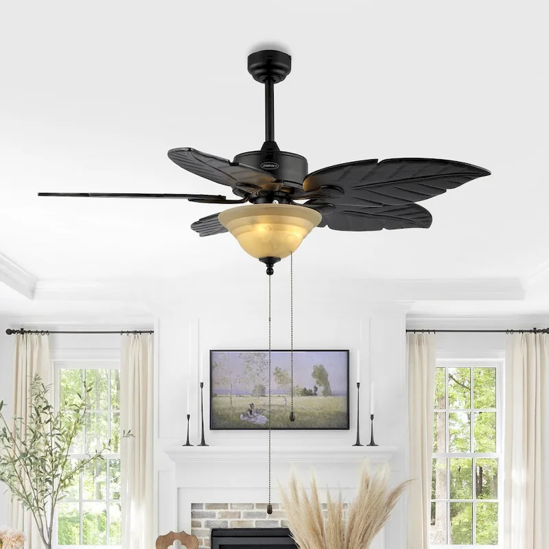 Owen 52  3-Light Coastal Bohemian Iron/Wood Palm Leaf LED Ceiling Fan with Pull Chain, by JONATHAN Y