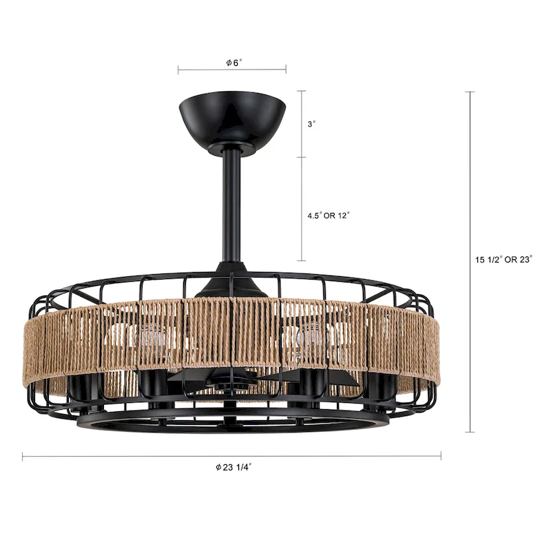 C Cattleya 23  3 Blades 6-Light Black Ceiling Fan with Paper Rope Shade
