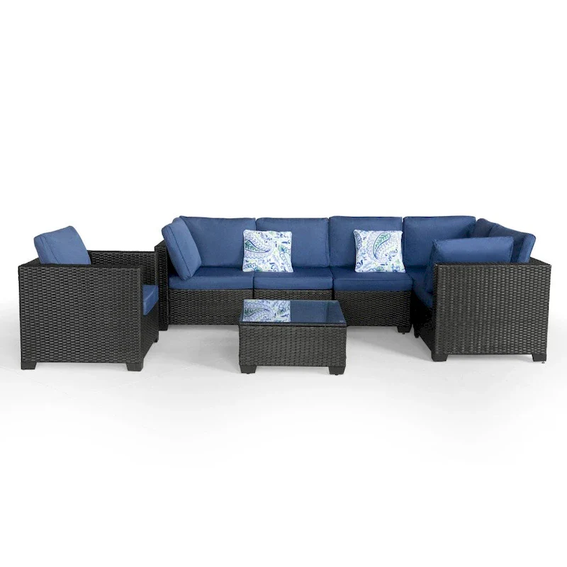 7 Pieces Patio Furniture Sets with Blue Cushions and Coffee Table