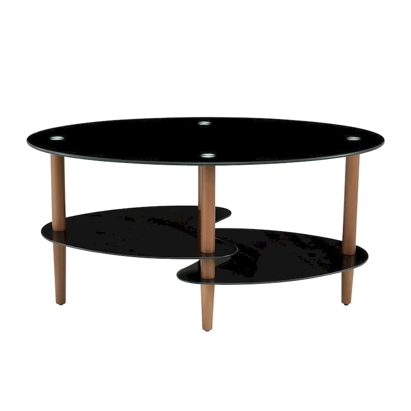 Oval glass coffee table, Transparent coffee table, modern table in living room with Oak wood legs, tea table