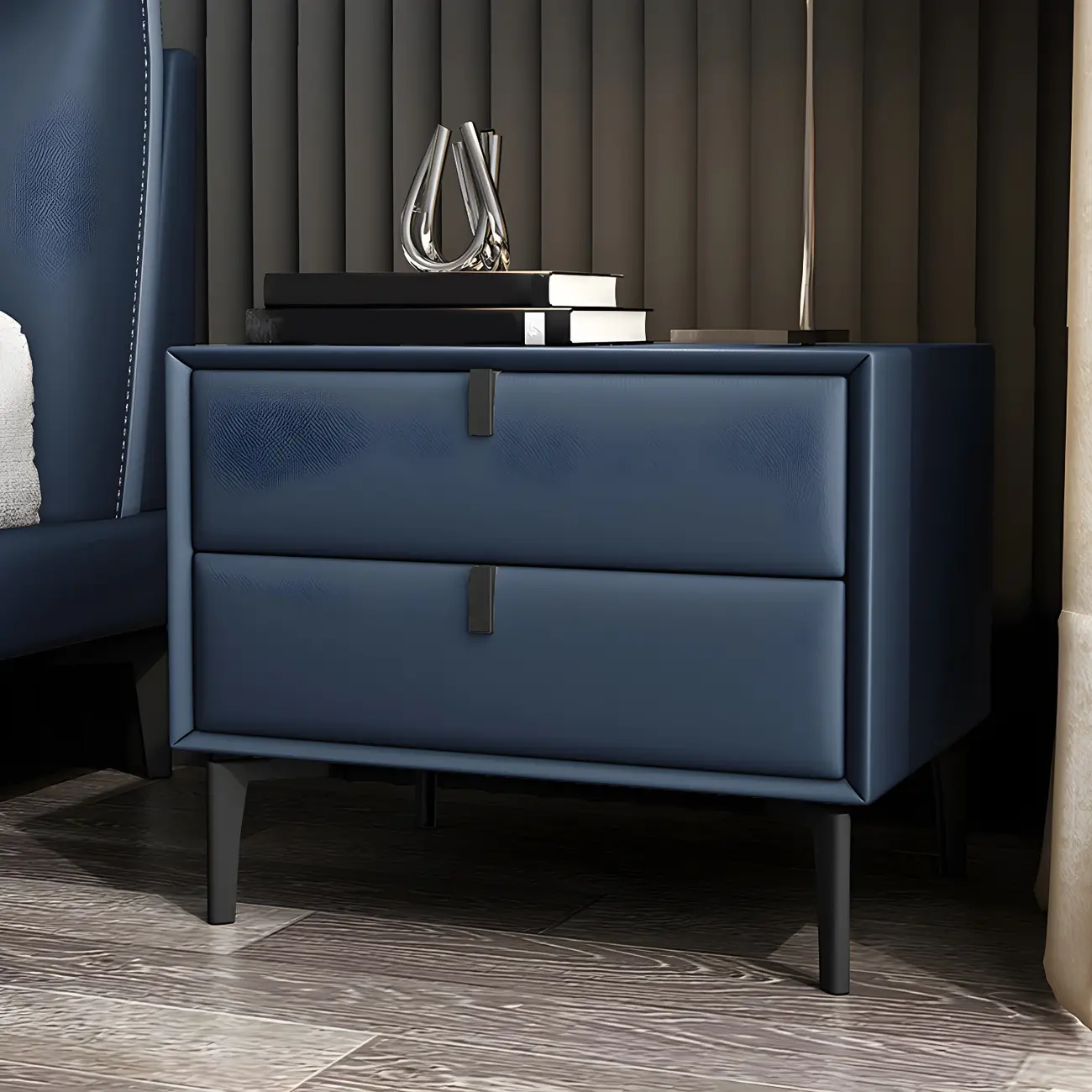 Modern Black Leather Bedside Table with Drawers