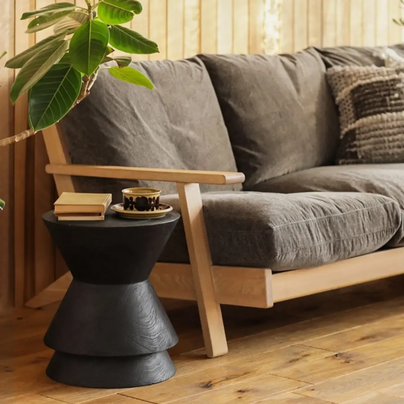 Small Round Modern Pine Wood Side Table with Drum Base
