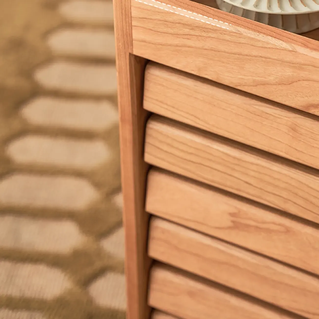 Modern Cherry Wood Rolling Side Table with Drawers