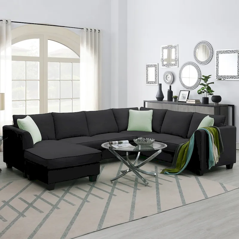 L-Shaped 7-Seats Modular Sectional Sofa with Ottoman with 3 Pillows