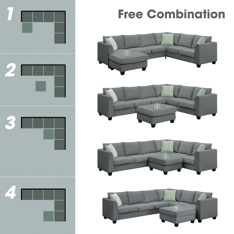 L-Shaped 7-Seats Modular Sectional Sofa with Ottoman with 3 Pillows