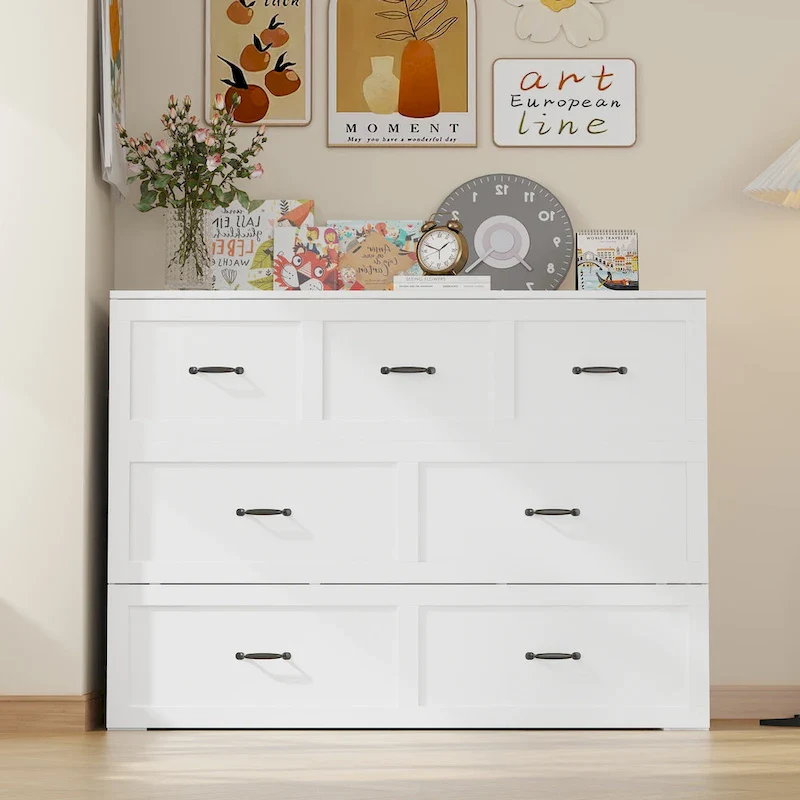 Modern Wood Full Murphy Bed Chest in White Finish Dresser 2-1 Cabinet