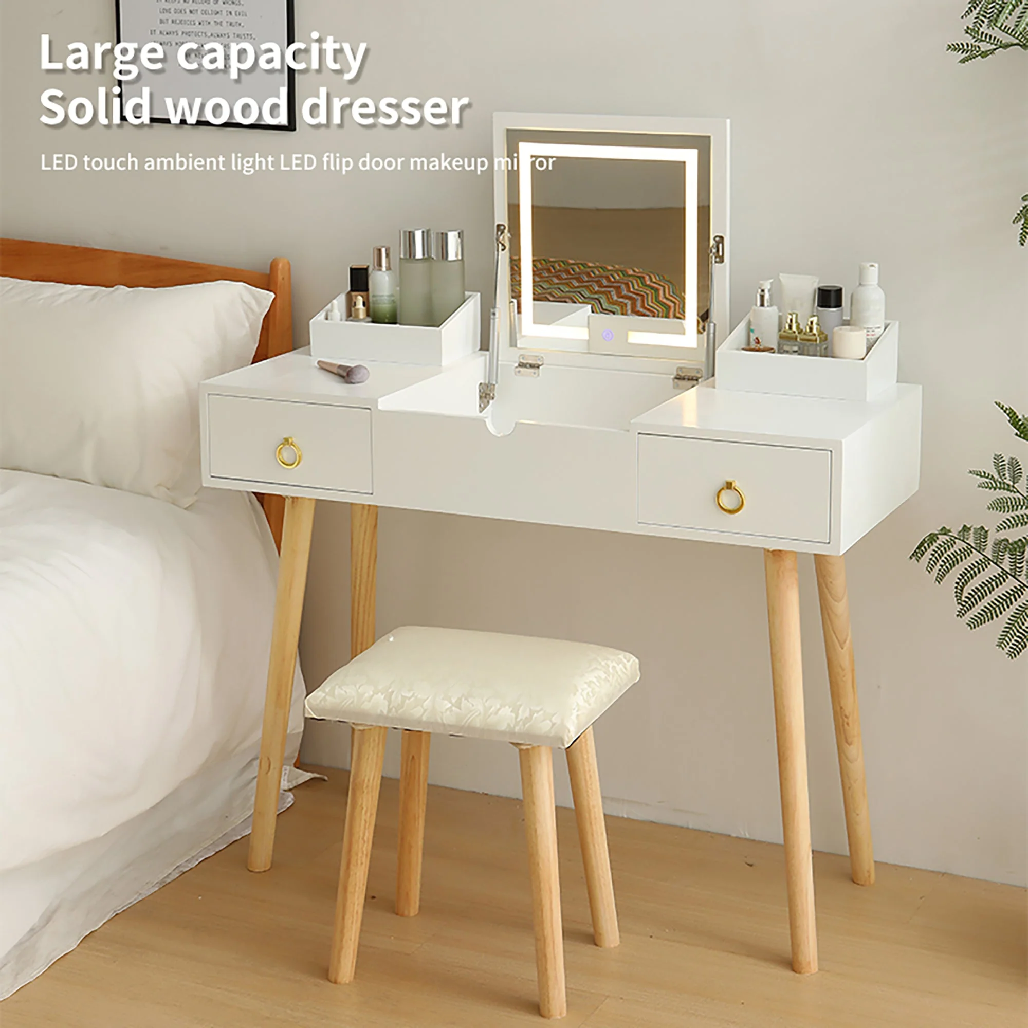 Walker Edison | Vanity Desk Set with LED Lighted Mirror