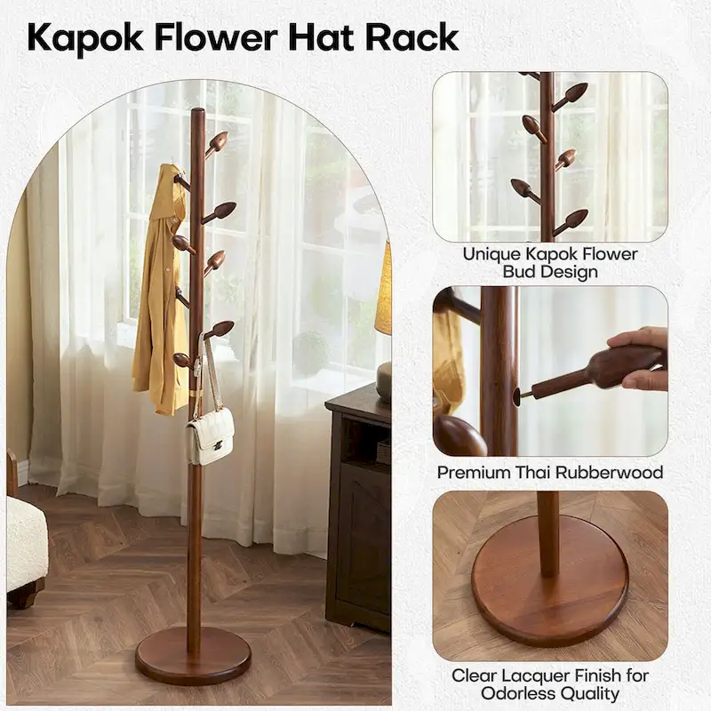 Rubberwood Freestanding Coat Rack, Coat Tree with 8 Bud-shaped Hooks - 15.75Dia. x 72.44H
