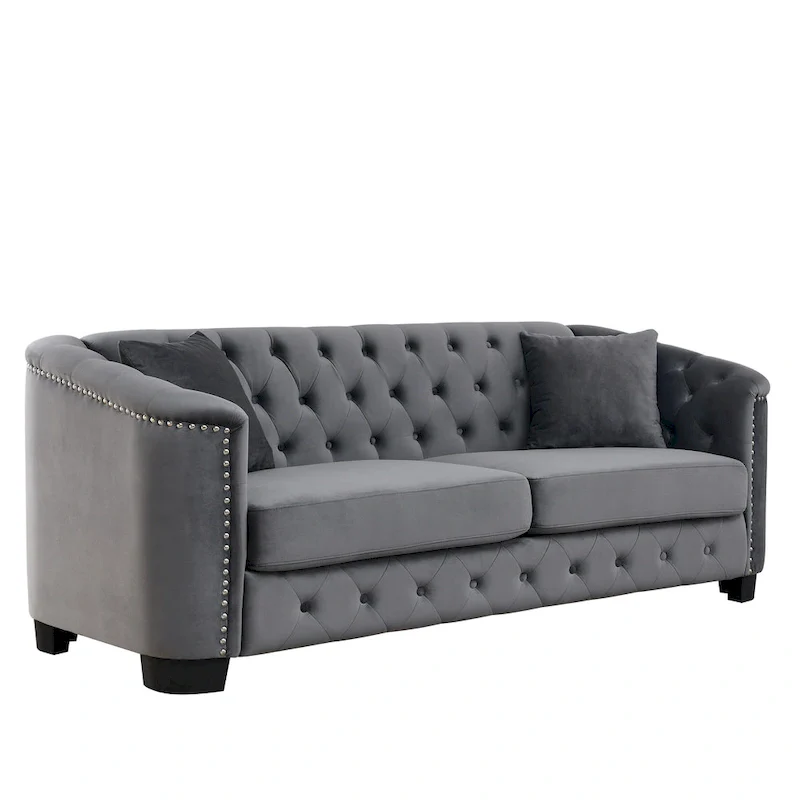 Grey 77 Modern Velvet 3-Seater Sofa with Tufted Backrests and Nailhead Trim