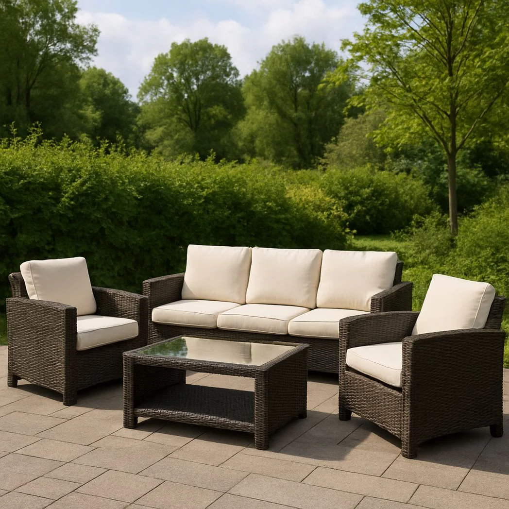 Ensemble de meubles de jardin en résine tressée et verre avec coussins crème - Sofa 3 places, 2 fauteuils, table basse