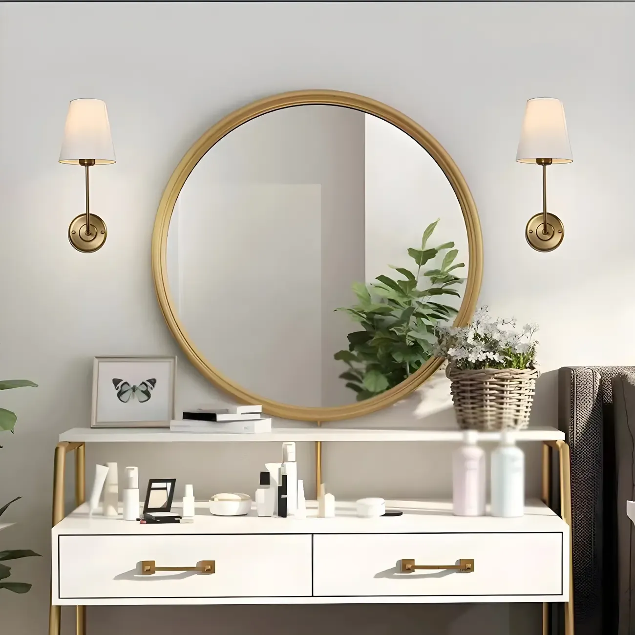 Modern Brass Glam Vanity Light with Fabric Shade