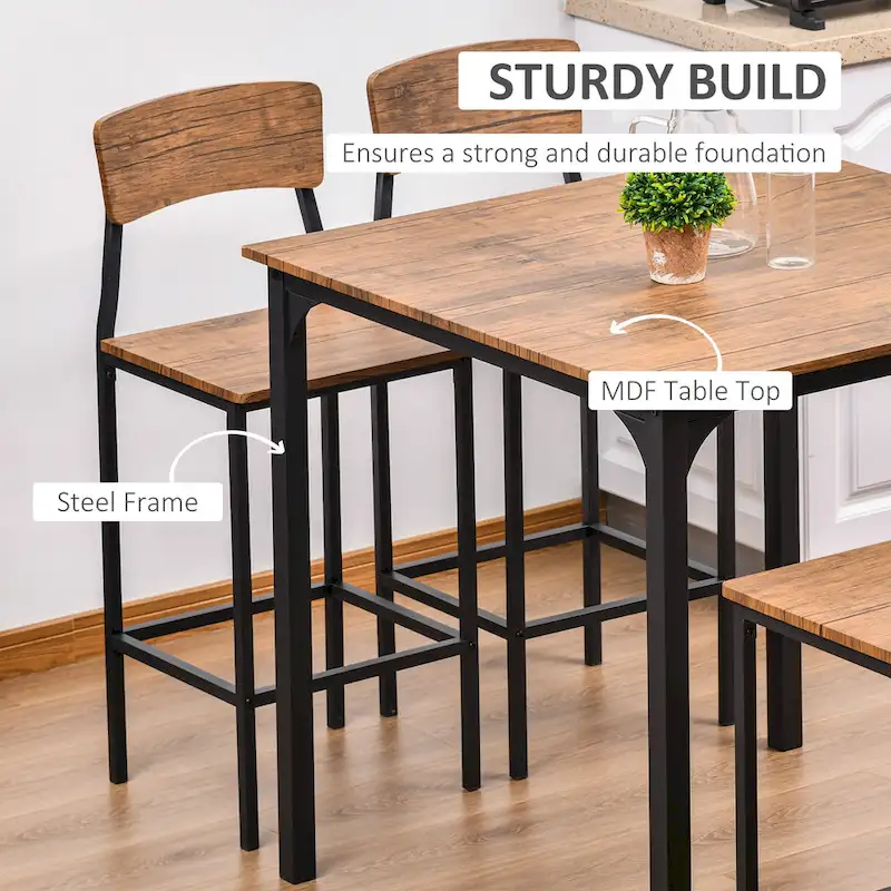 Modern Style 5-Piece Dining Set with Square Counter Height Bar Table and 4 Footrest Open Back Dining Chairs