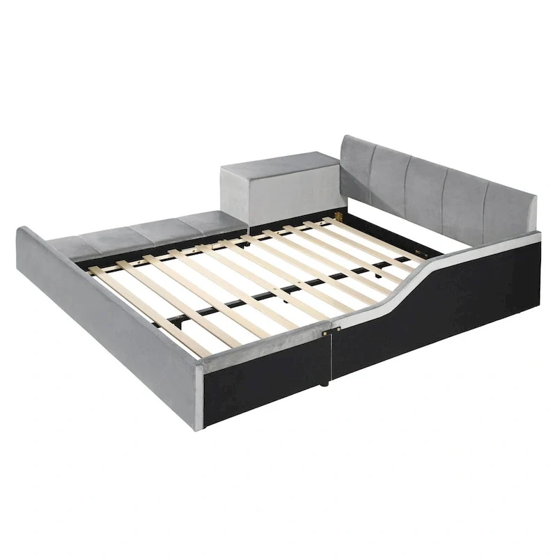 Upholstered Grounded Bed Mother & Child Bed with Bedside Desk and Little Round Stool