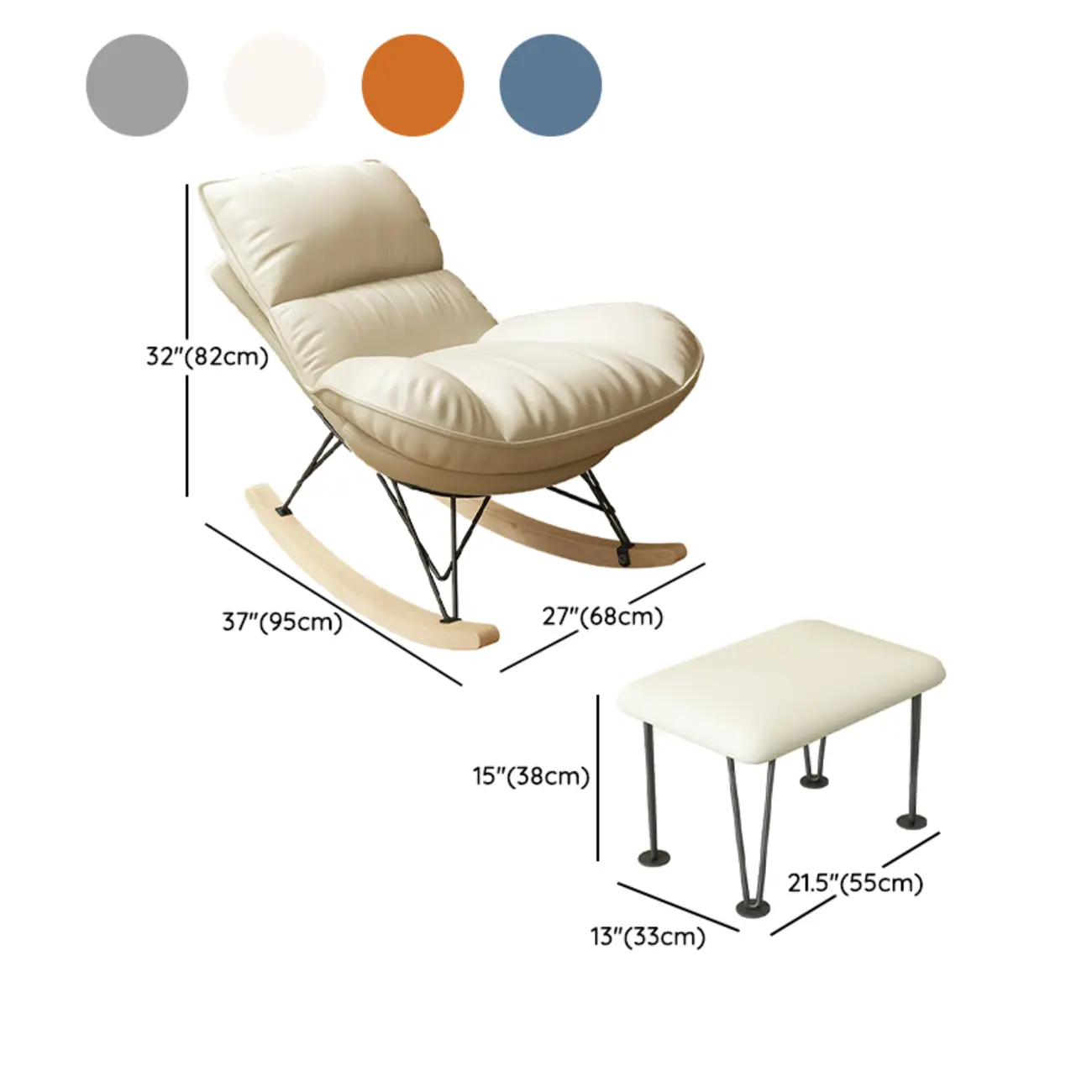 Natural Wood Upholstered Rocking Chair with Ottoman in White