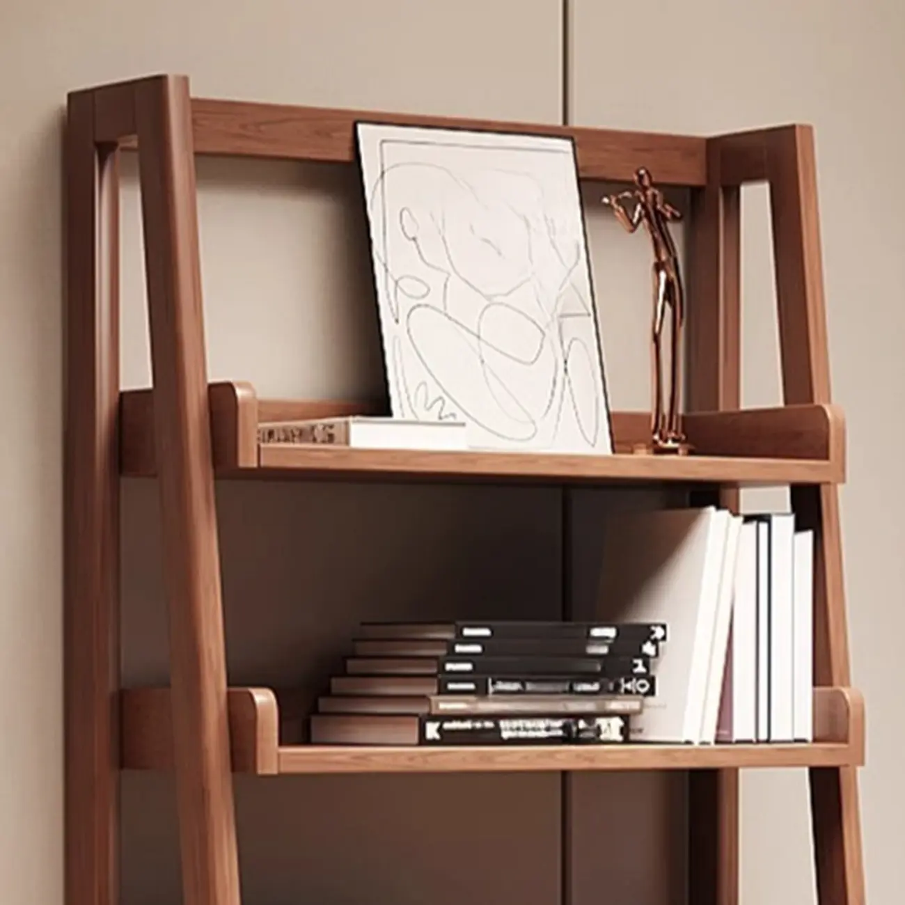Mid-Century Modern Walnut Wood Multi-tier Ladder Bookshelves