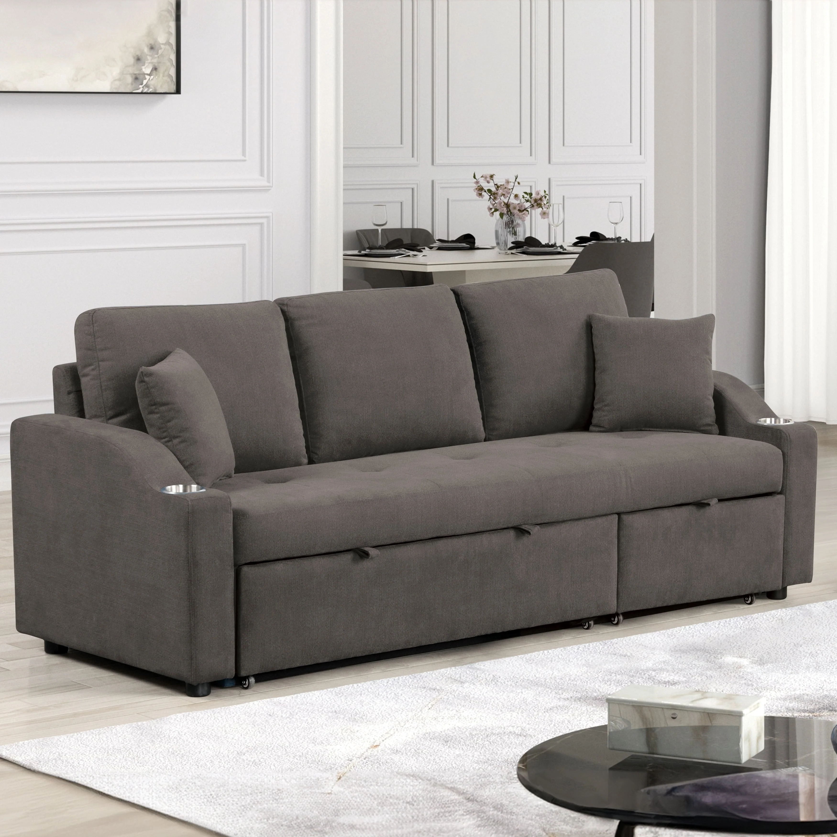 Furniture of America Scarlett Modern Tufted Space-Saving Sleeper Sofa Sectional with Cup Holders