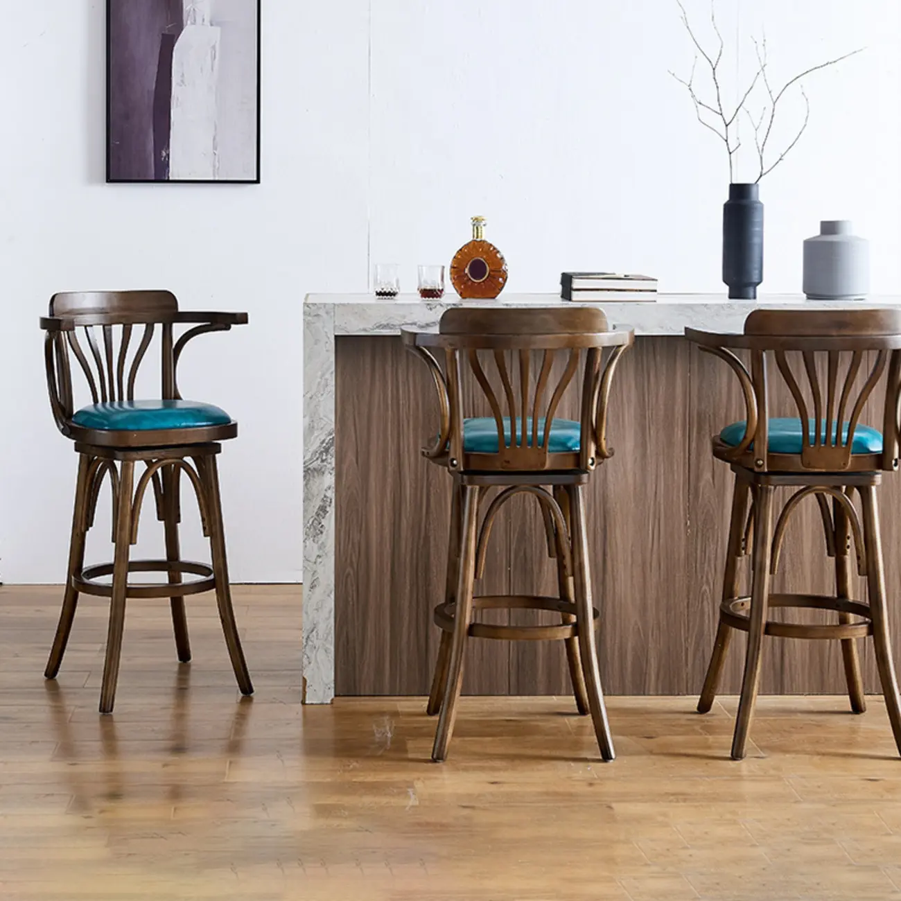 Antique Blue Leather Upholstered Rotatable Bar Stool