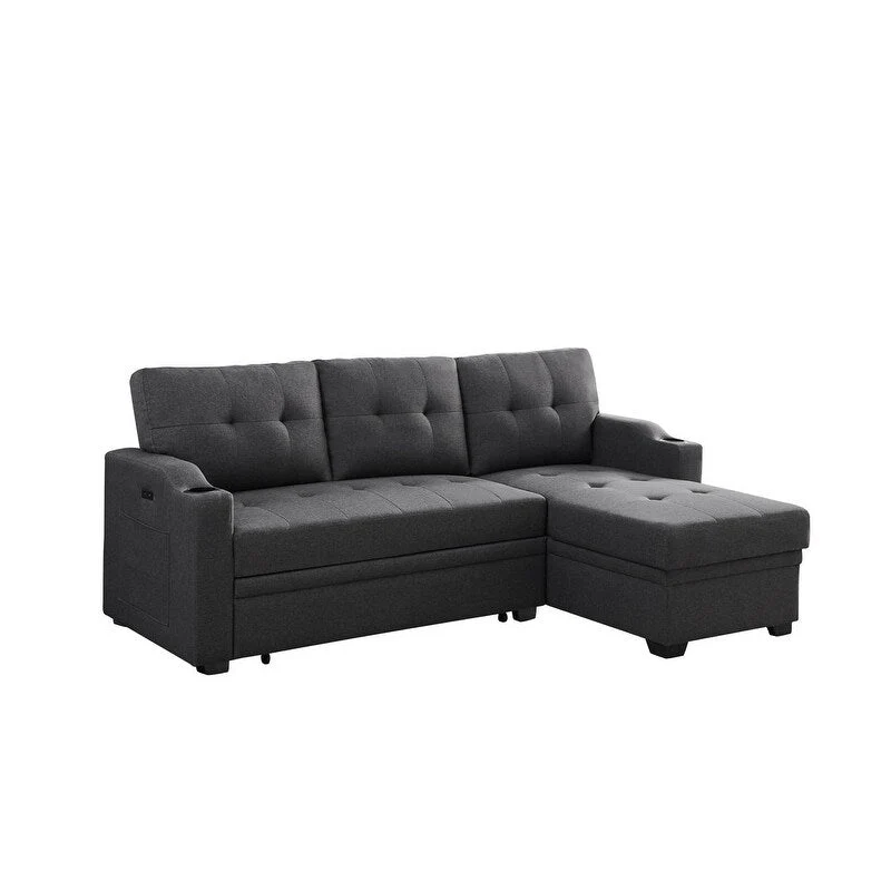 Mabel 83-inch Dark Gray Sleeper Sectional Sofa with Cup Holder, USB Charging Port, and Pocket - 83  W x 54  D x 35  H