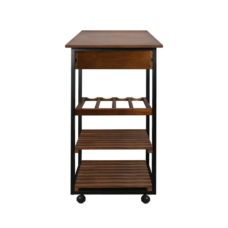 Solid Wood 4-Tier Rolling Kitchen Cart with Wine Rack and Drawer