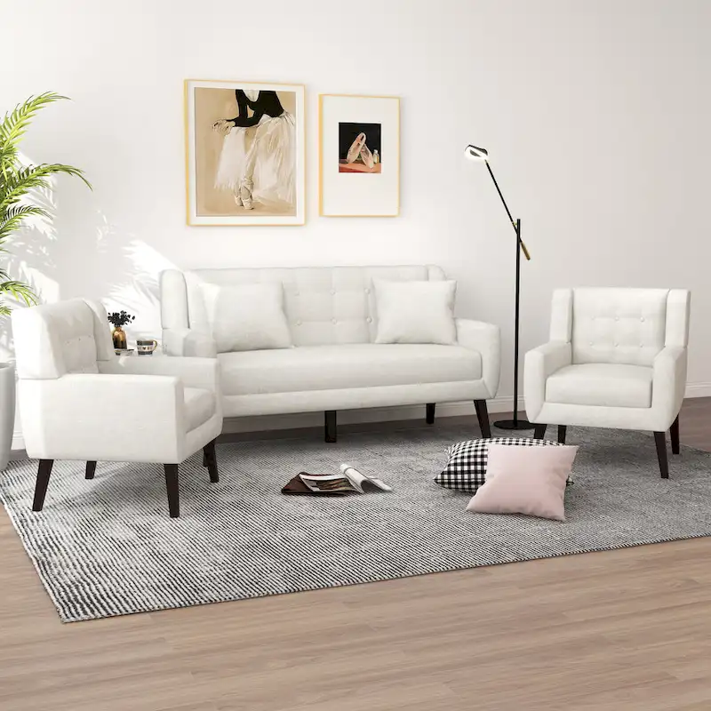 Tufted Linen/Cotton Loveseat with 2 Accent Chairs