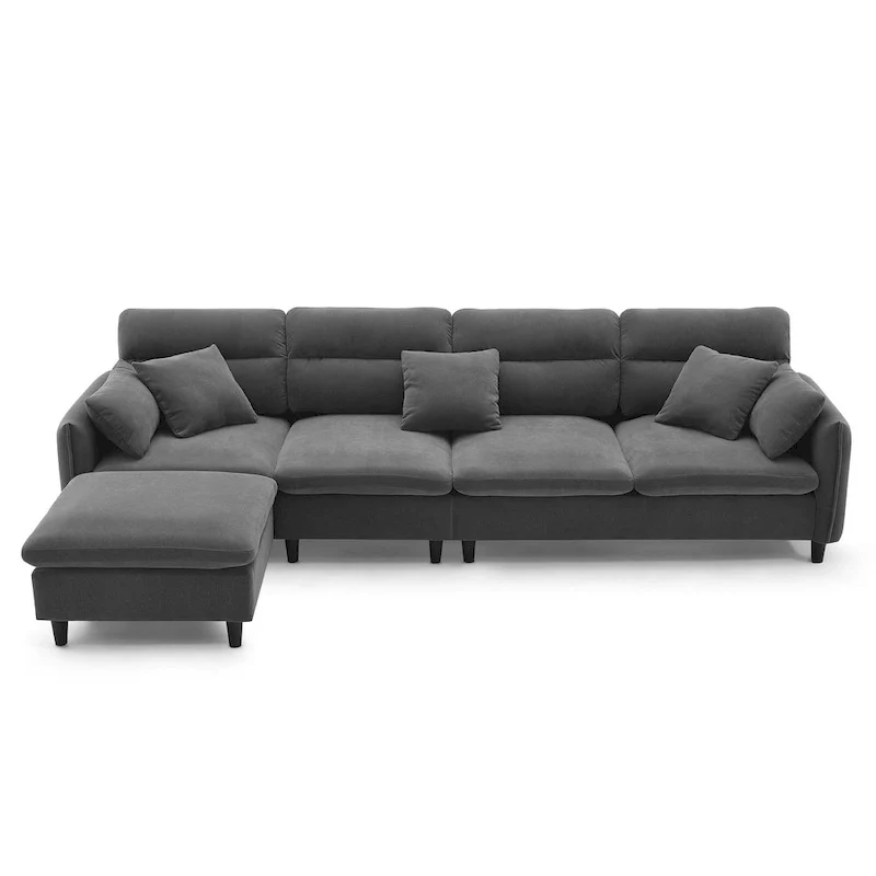 110 Modern L-Shaped Convertible 5-Seat Sectional Sofa with Removable Ottoman and 5 Cushions, Plush Chenille Fabric