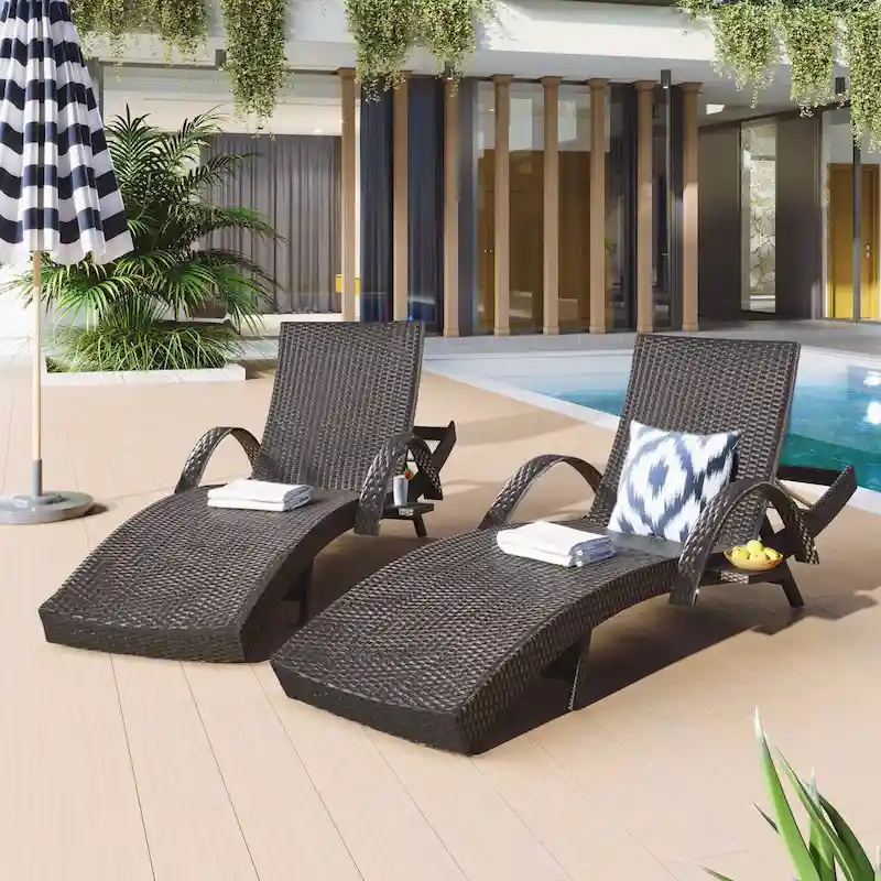 80 Wicker Chaise Lounge Chairs Set of 2,Patio Rattan Reclining Chair Pull-out Side Table Adjustable Backrest Ergonomic