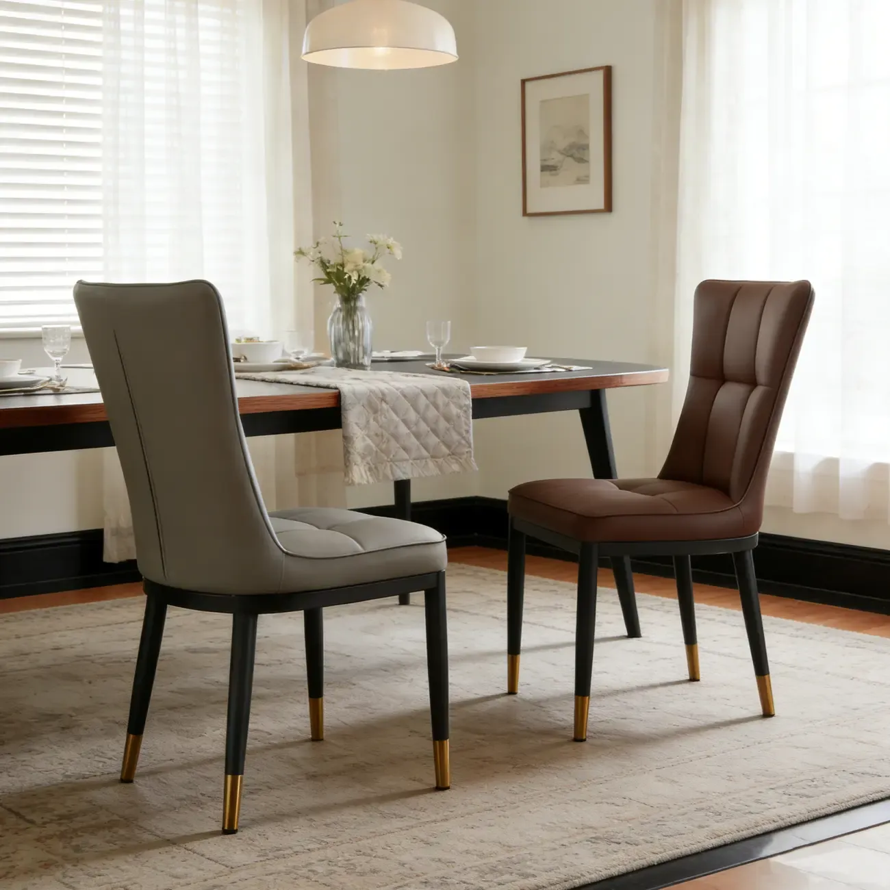 Armless Grey Tufted Leather High Back Dining Chair