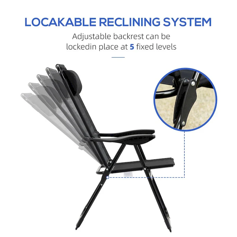 Folding Patio Chairs Set of 2, Deck Chair with Adjustable Sling Back, Camping Chair with Removable Headrest