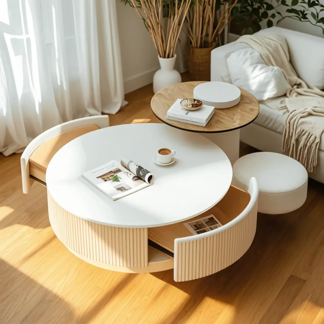 Modern Wood Round Nesting Coffee Table with 2 Drawers
