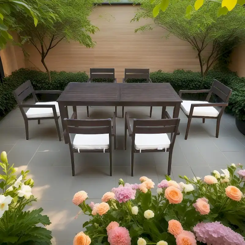 7-Piece Outdoor Acacia Wood Dining Set with Table and 6 Upholstered Chair