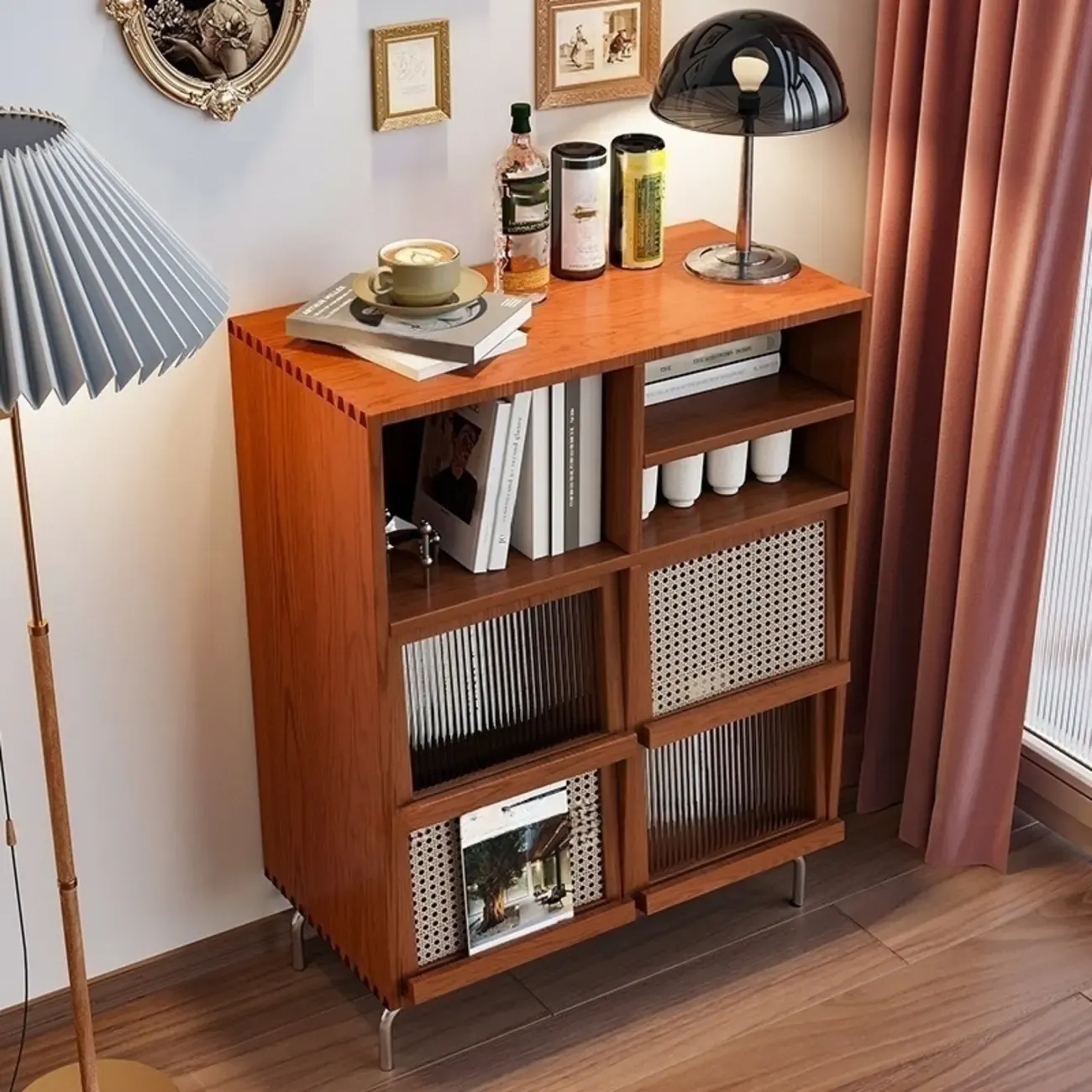 Living Room Brown Wooden Metal Legs Accent Cabinet