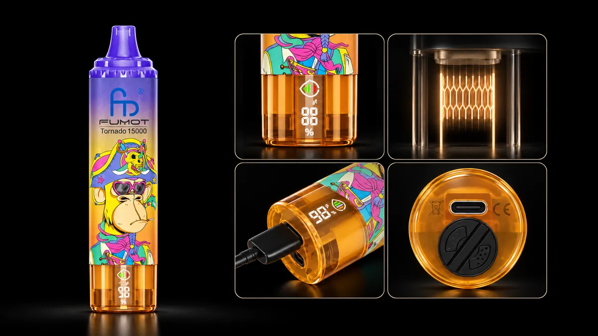FUMOT Tornado 15000 Cola Ice – Detailansichten von Display, Heizsystem, USB-C-Anschluss und Luftregulierung