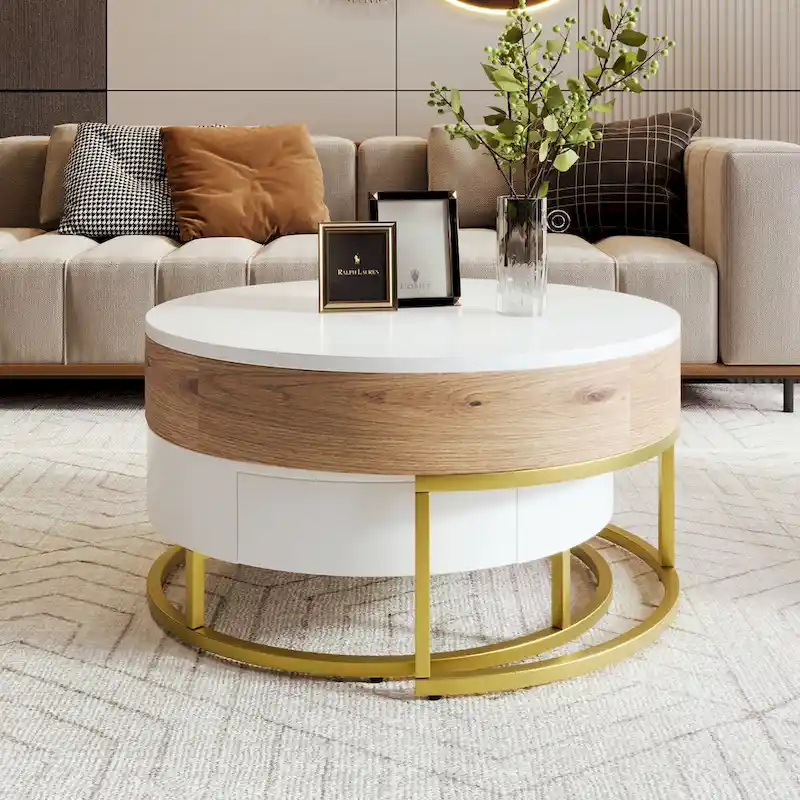 Modern Round Lift-top Nesting Coffee Tables with 2 Drawers White & Black