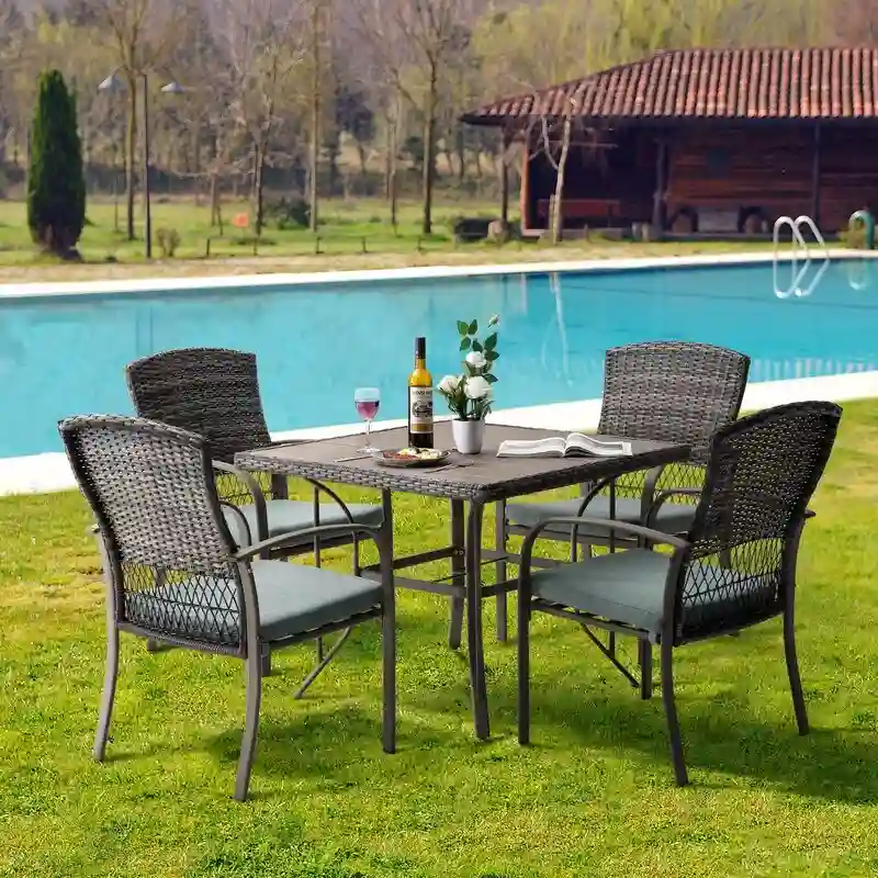 5-Piece PE Wicker Outdoor Dining Set with Cushions