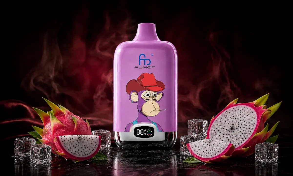 Fumot Digital Box 12000 Dragonfruit Ice Vape in einer dunklen Rauchszene