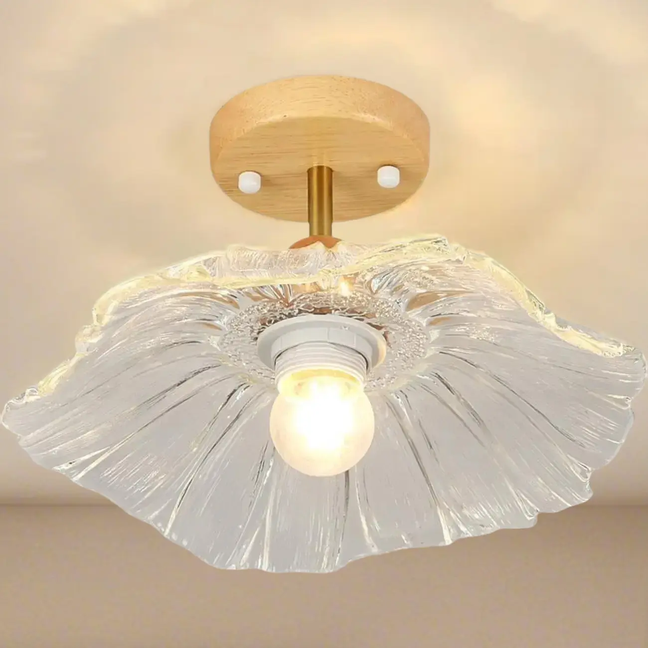 Clear Floral Glass Modern Wood Semi Flush Ceiling Light