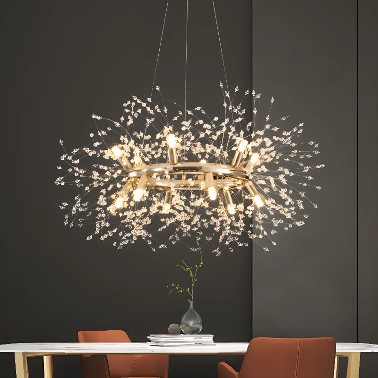 Modern Crystal Round Chandelier with Starburst Design