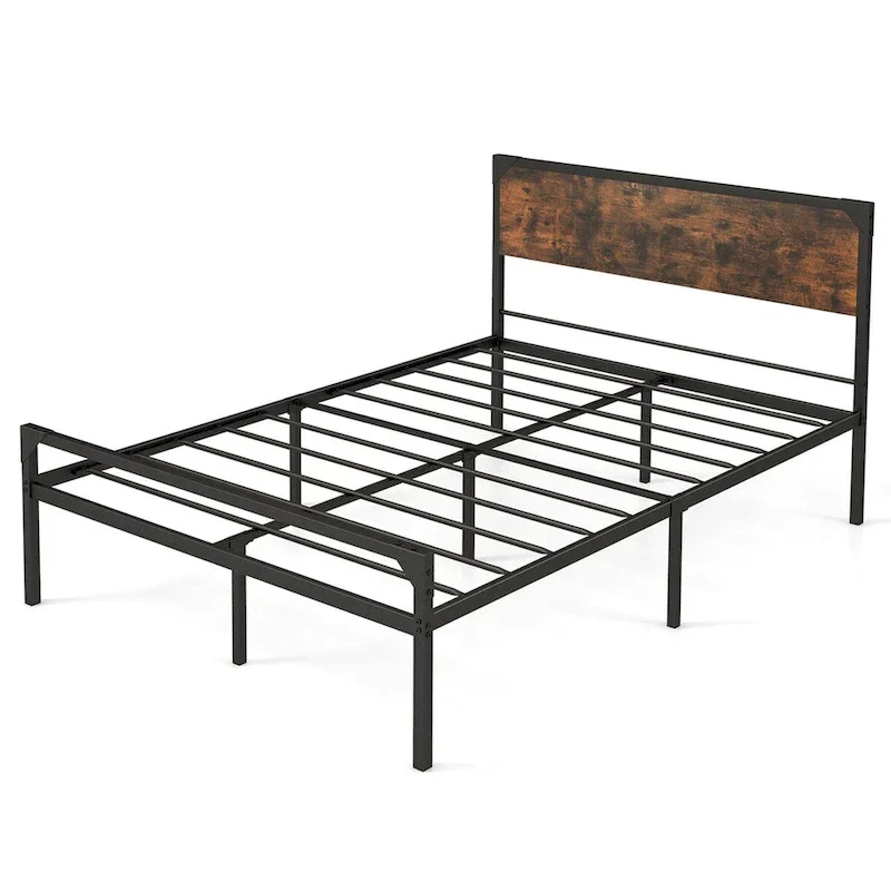 Costway Platform Full/Queen Bed with Rustic Headboard & Footboard