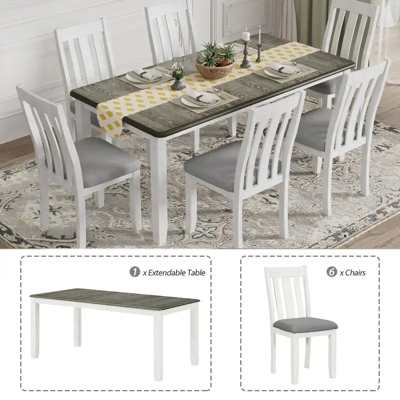 Nestfair Retro Style 7-Piece Dining Table Set with Extendable Table and 6 Upholstered Chairs