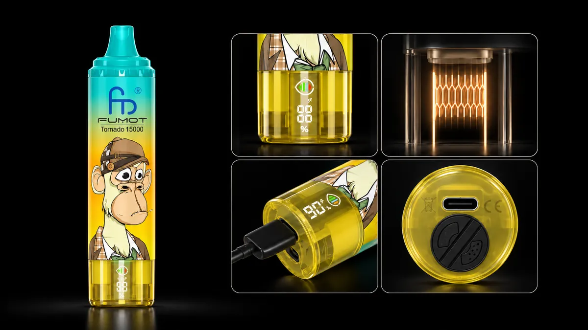 FUMOT Tornado 15000 Ice Tea Lemon Ice – Detailansichten von Display, Heizsystem, USB-C-Anschluss und Luftregulierung
