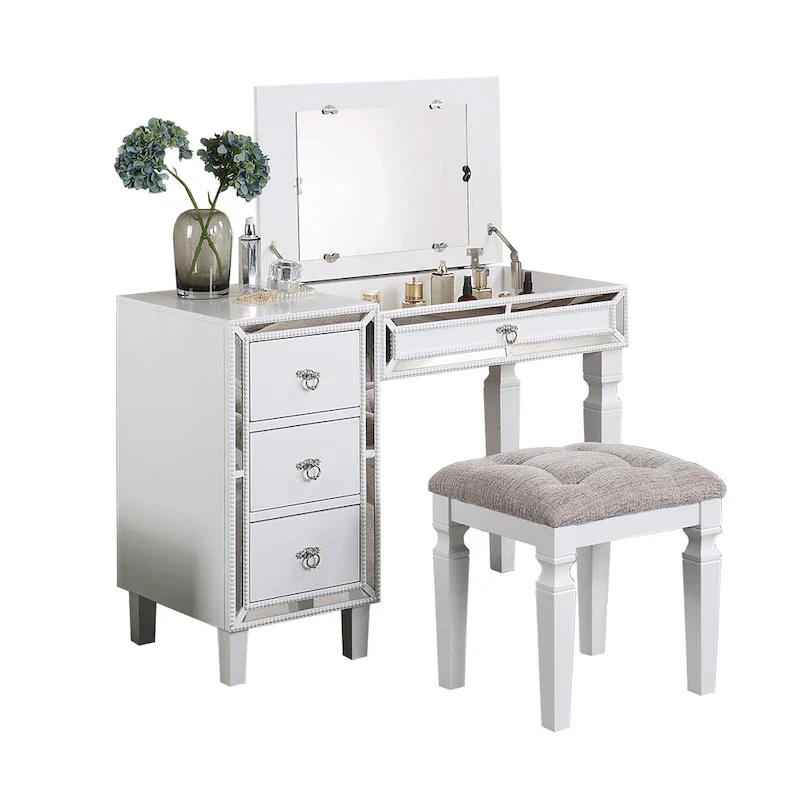 Fabric and Wood Vanity Set with Stool