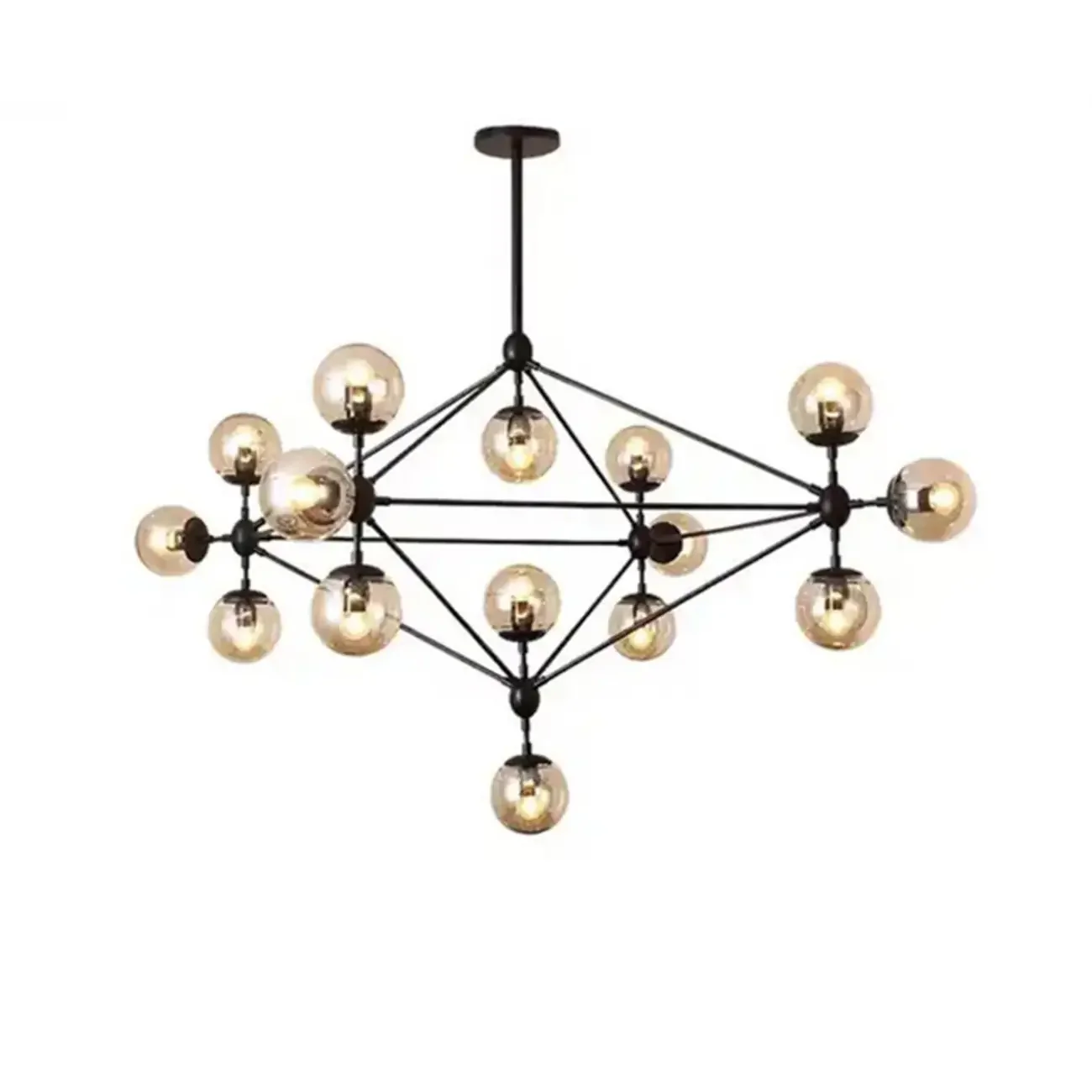 Industrial Black Globe Chandelier with Cognac Glass Shades