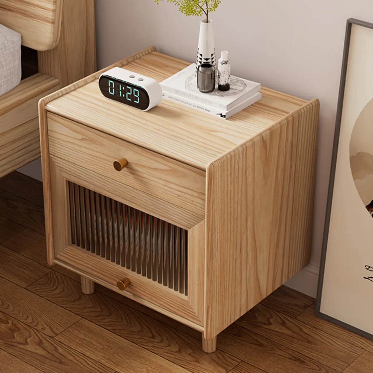 Natural Ash Wooden Drawer Cabinet Nightstand with Legs