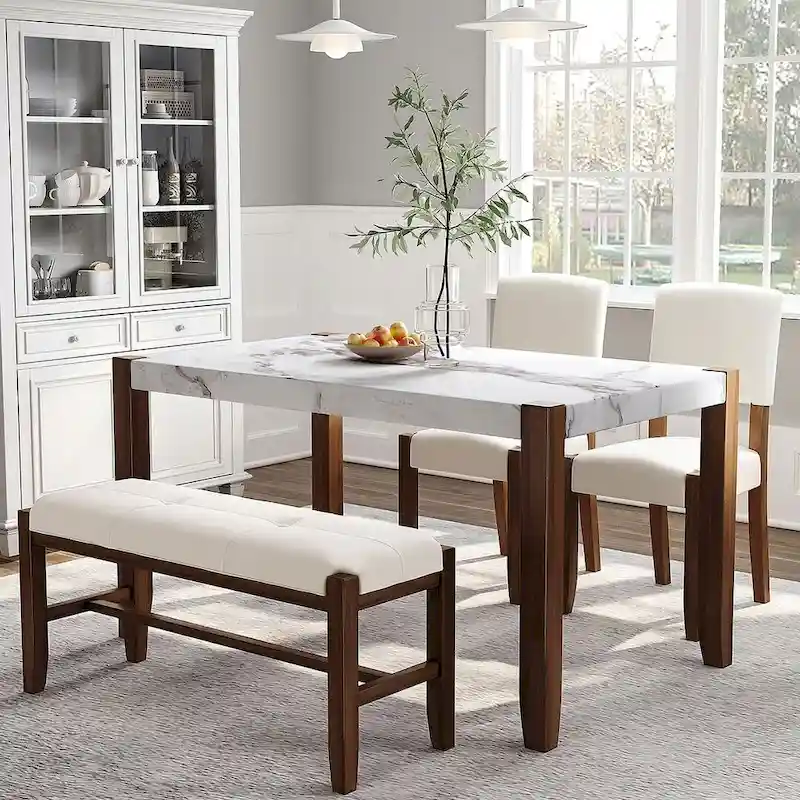 4-piece Dining Set with Faux Marble Style Table and 2 Upholstered Chairs & Bench with Wood Legs