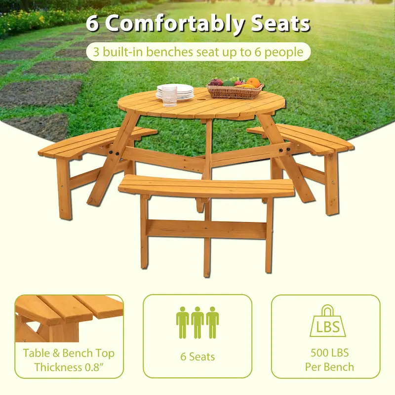 6 Seater Round Dining Table Set with 3 Built-in Benches, Outdoor Courtyard Wooden Picnic Table for Patio, Lawns, Garden