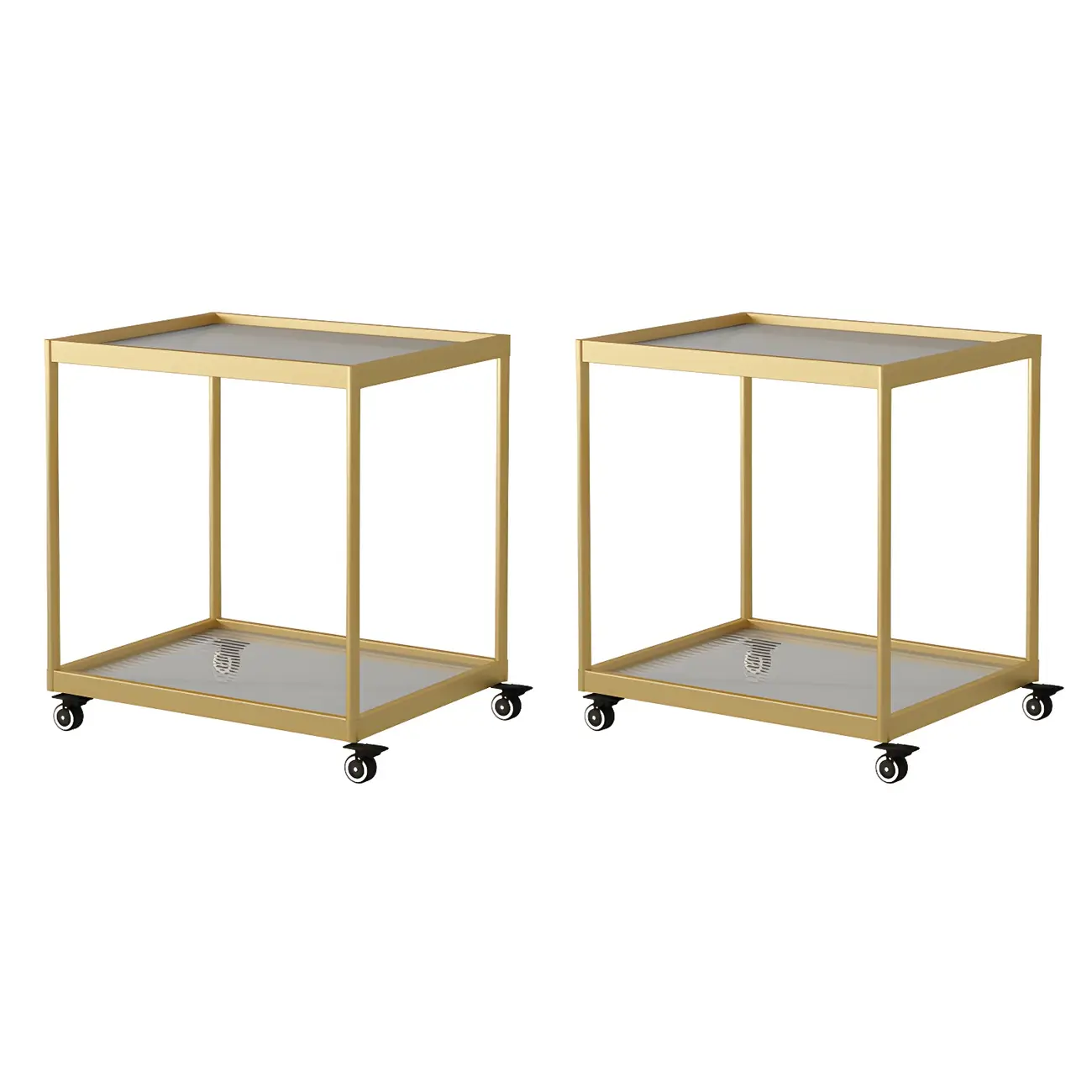 Gold Glass Rectangular Top Shelf Side Table on Wheels