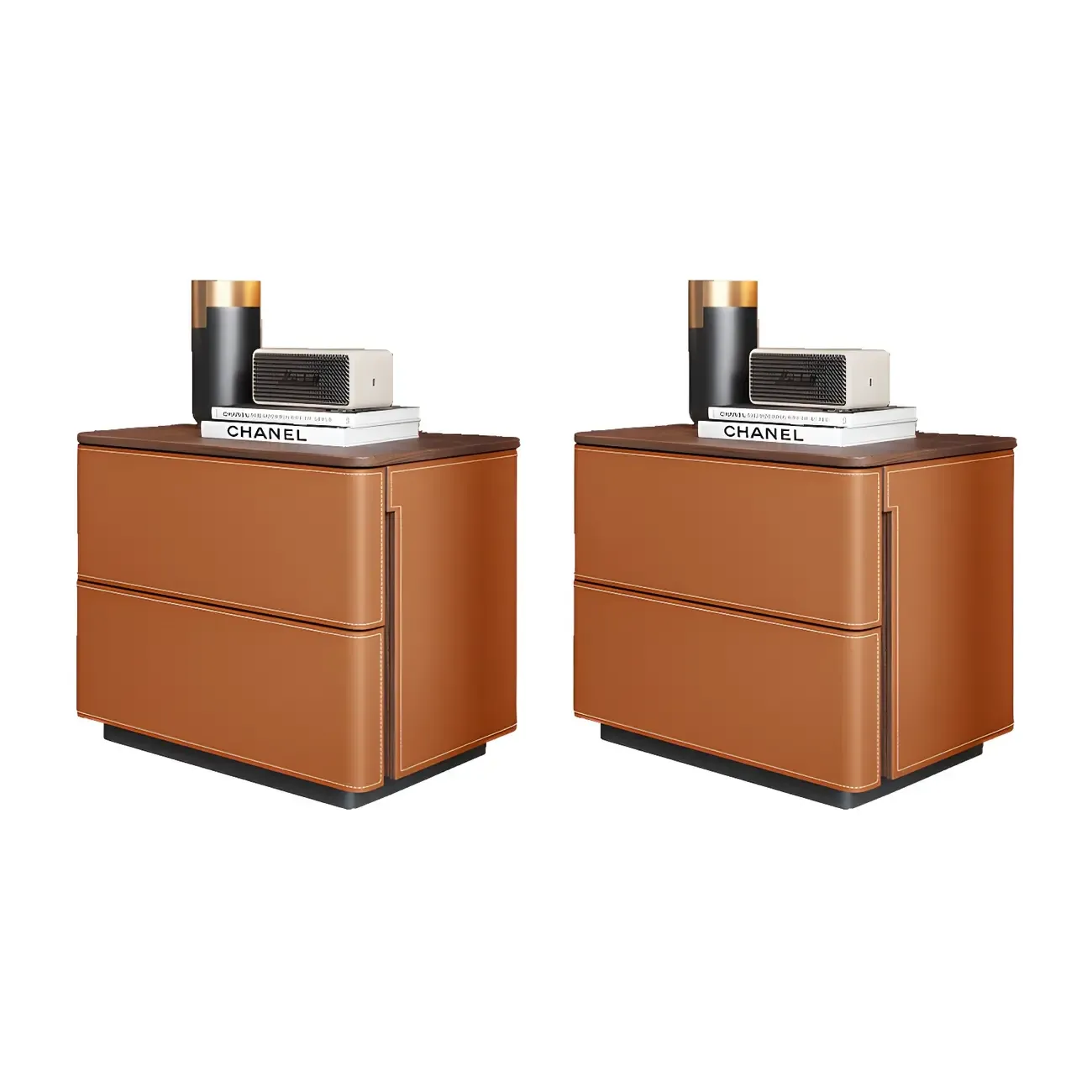 Modern Faux Leather Wood Top Drawers Nightstand