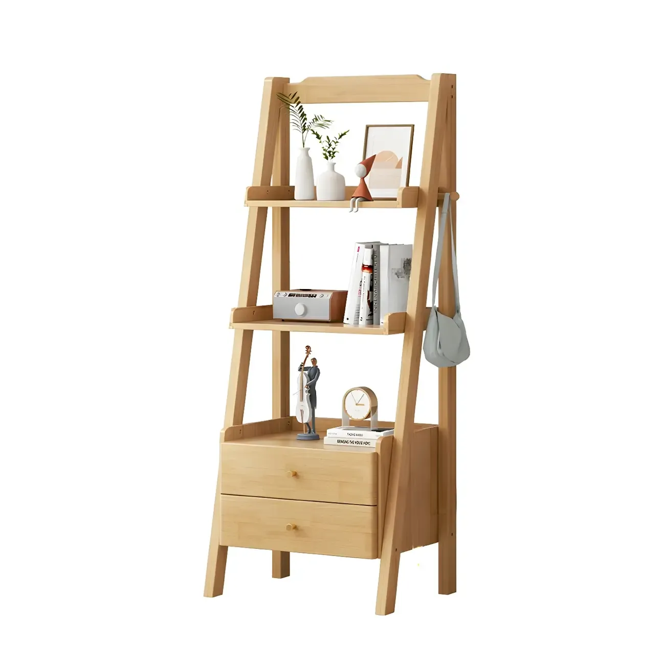 3-Tier Nut-Brown Wood Ladder Open Bookcase with Drawers