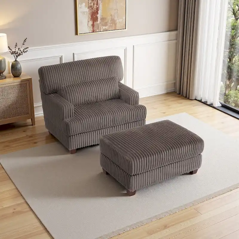 Modern Oversized Plush Corduroy Chaise Lounge Chair with Ottoman